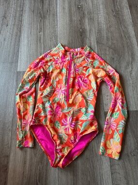Kids Long Sleeve Floral Rash Guard Swimsuit - Orange Pink